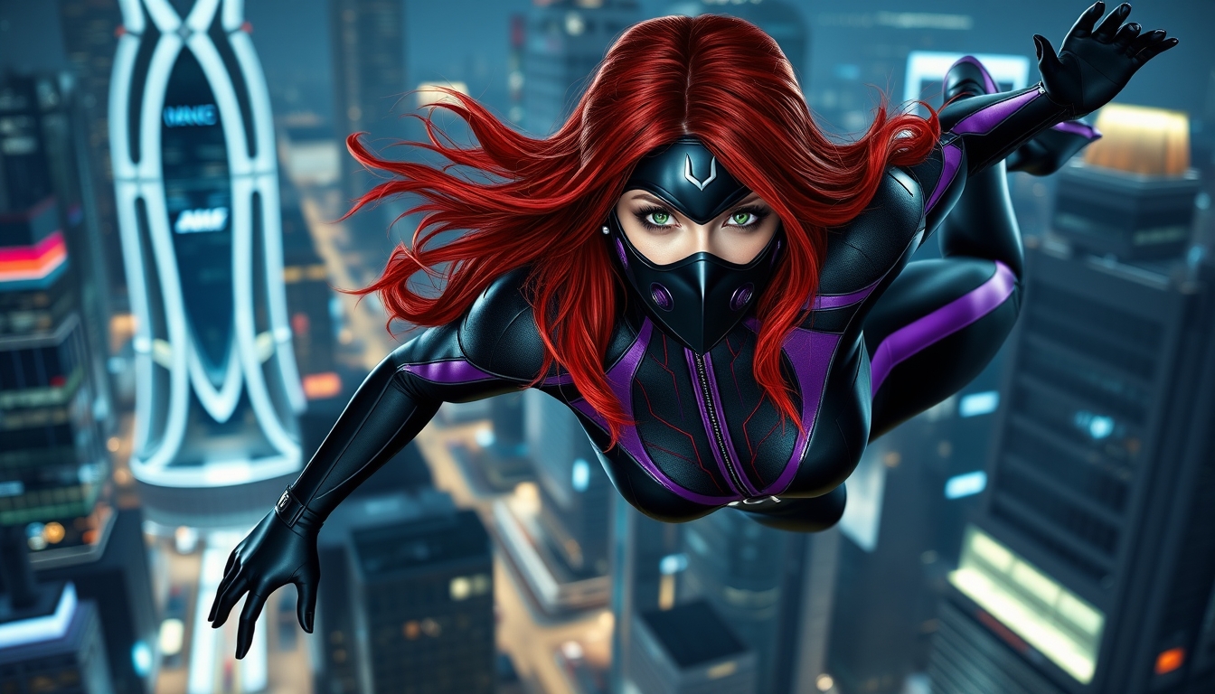 I used Flux AI Image Generator to create this image of a woman with red hair and green eyes. She's wearing a skin-tight black and purple spandex suit. The suit has a high collar and long sleeves. She's wearing a full black metallic mask and gliding through the air. We can see every detail of her outfit from head to toe, including her boots. The background is a futuristic city. I love this image; it's like something out of a fantasy movie. Nighttime.