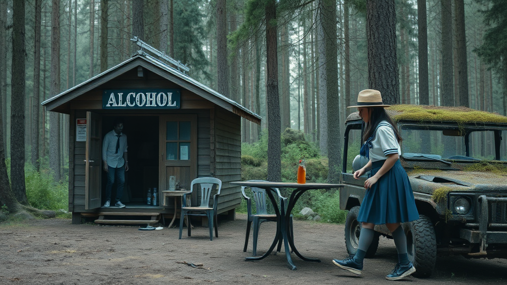 Real-life photography, wide shot: In the forest, there are two wooden cabins selling alcohol, and a dressed zombie comes to buy some. Next to the cabin, there are one table and two chairs, with a zombie wearing a hat sitting and drinking. There is also an abandoned off-road vehicle nearby, covered in moss and weeds. A Japanese female student wearing a school uniform skirt walks by.