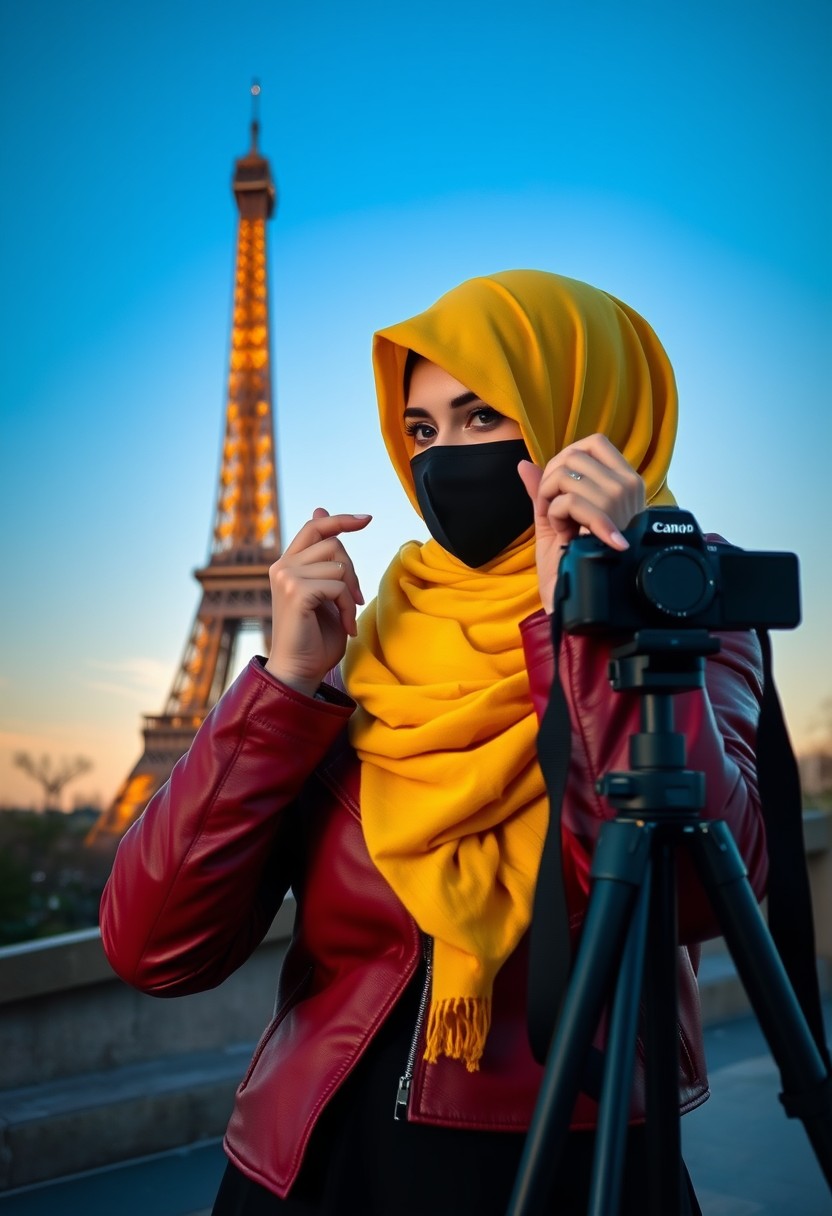 Biggest hijab yellow Muslim girl, beautiful eyes, face mask black, red leather jacket, black biggest skirt, camera DSLR CANON, tripod, taking photo Eiffel Tower, sunrise, morning scenery, Eiffel Tower, hyper realistic, street photography. - Image