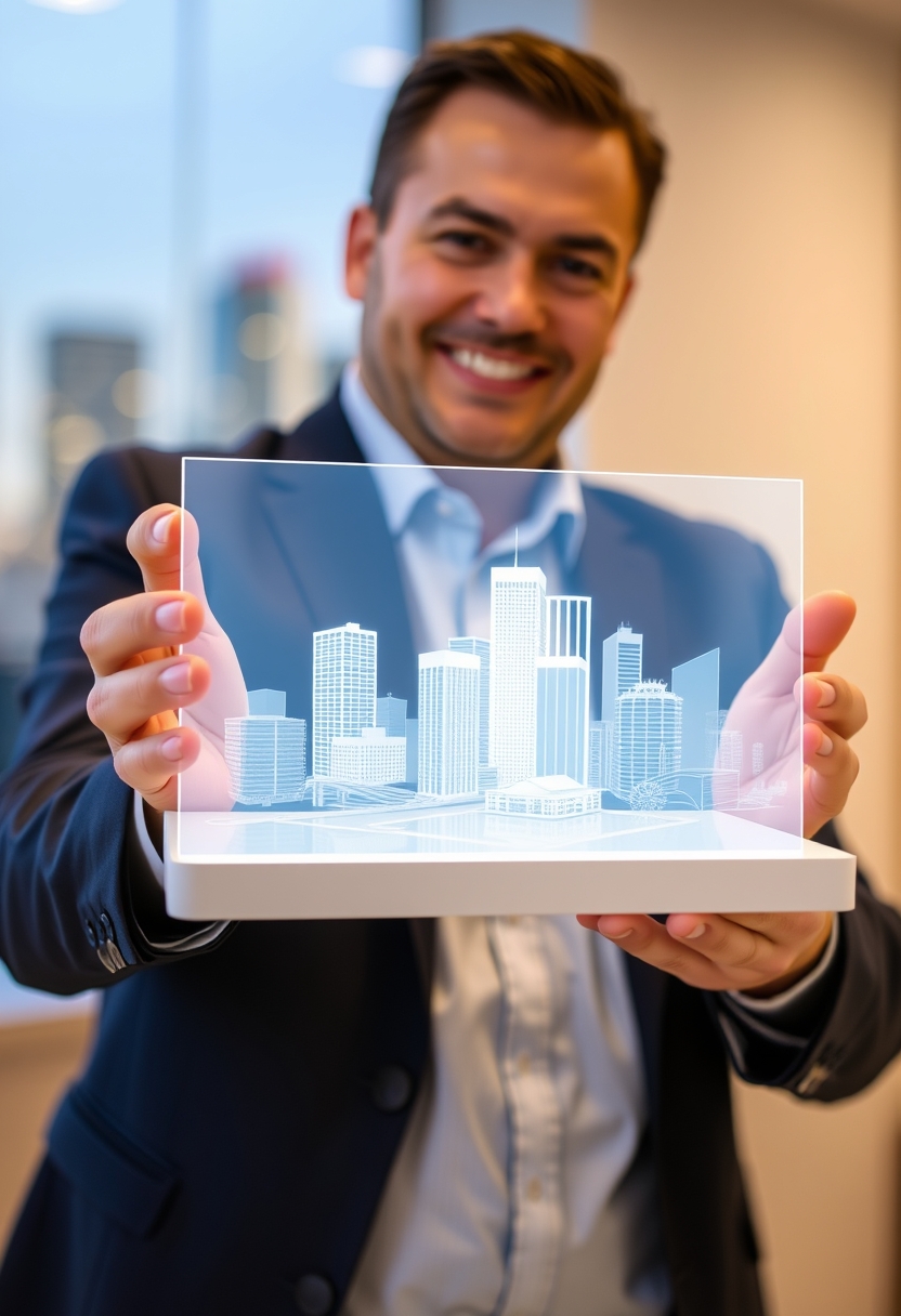 A real estate agent holding a hologram with a city model on the screen.