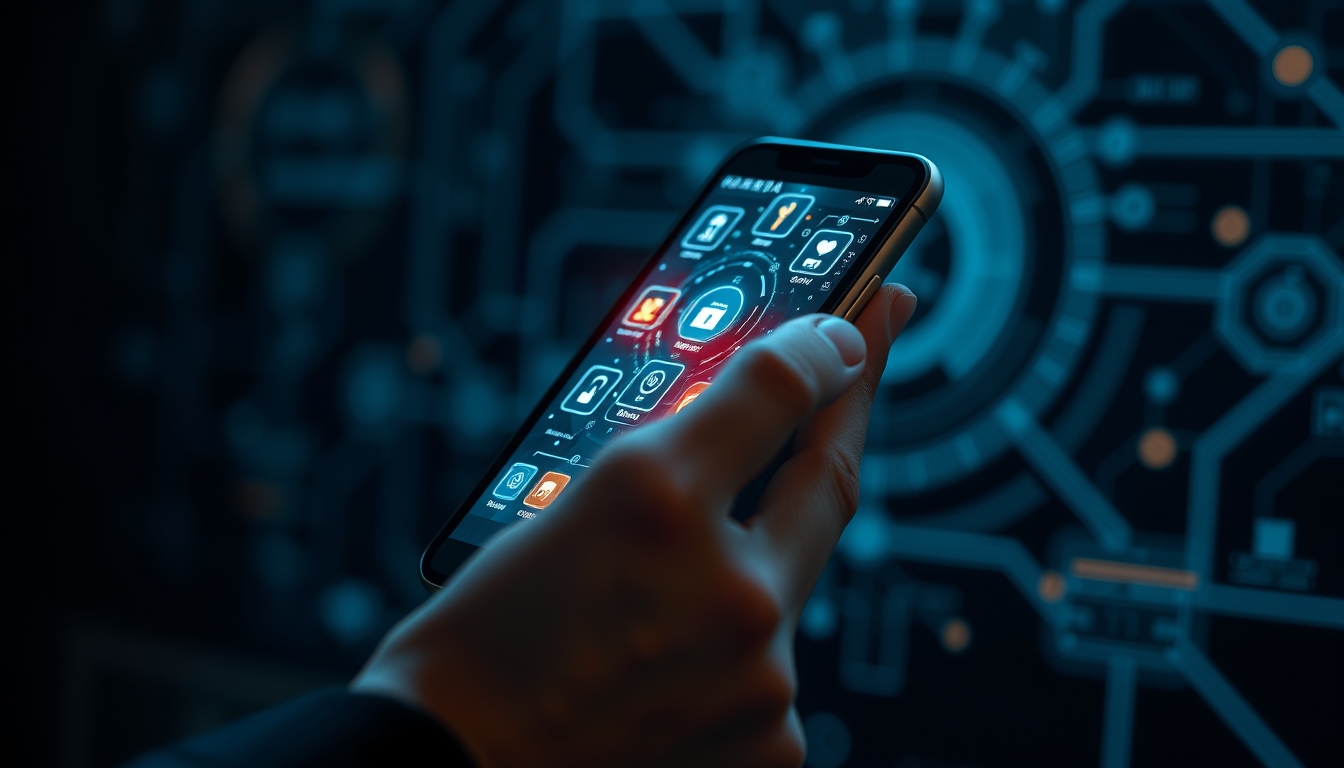 A close-up of a hand holding a futuristic smartphone, with holographic interfaces and glowing icons, set against a dark, tech-inspired background. - Image