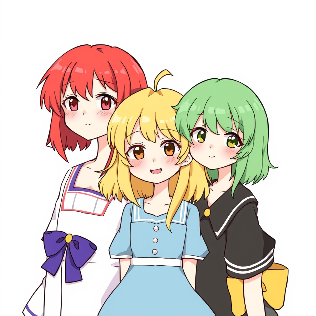 Three cute girls. A: red hair, B: yellow hair, C: green hair.