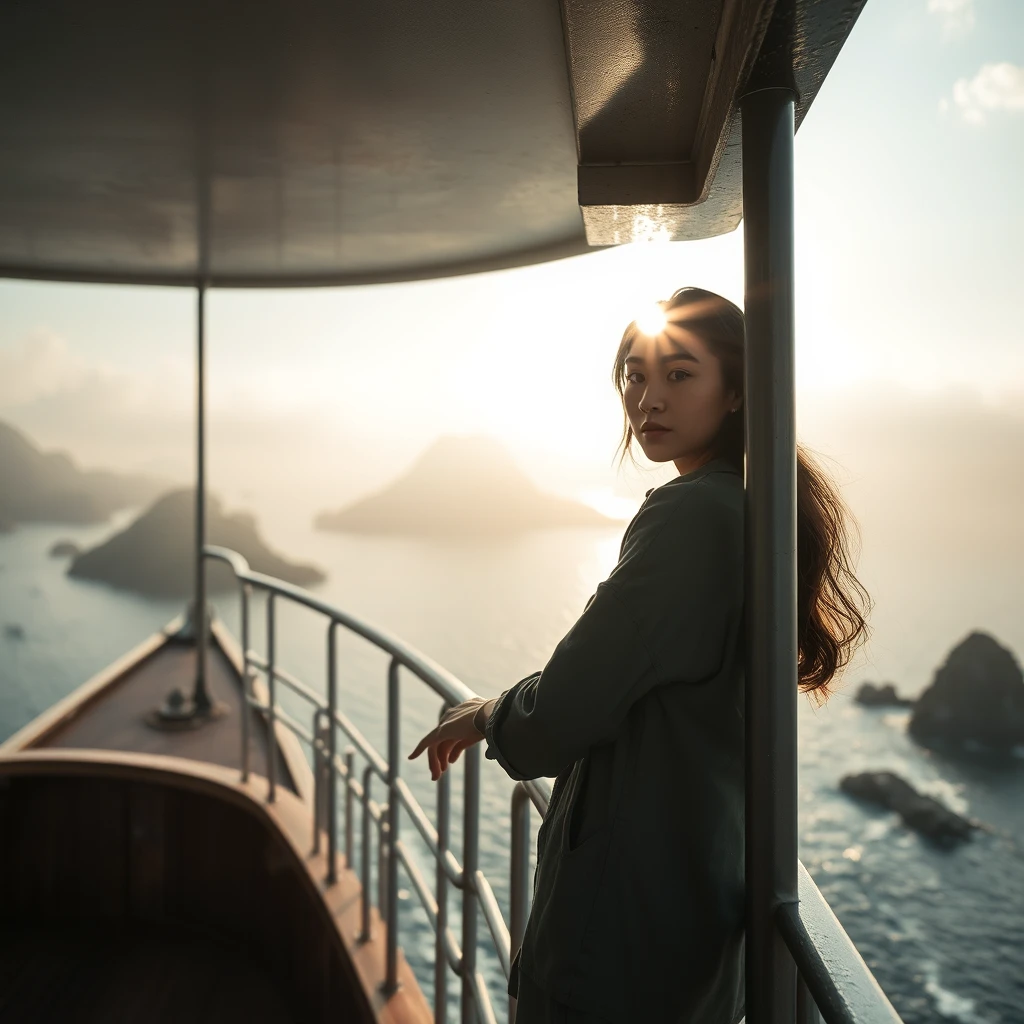 Woman leaning against the ship's rail, piercing gaze through morning mist, Cheung Chau Island as a delicate ink wash painting, sunlight dispelling fog, revealing island greenery and shore rocks, ship approaching tranquil haven, serene and artistic, photorealistic style. - Image