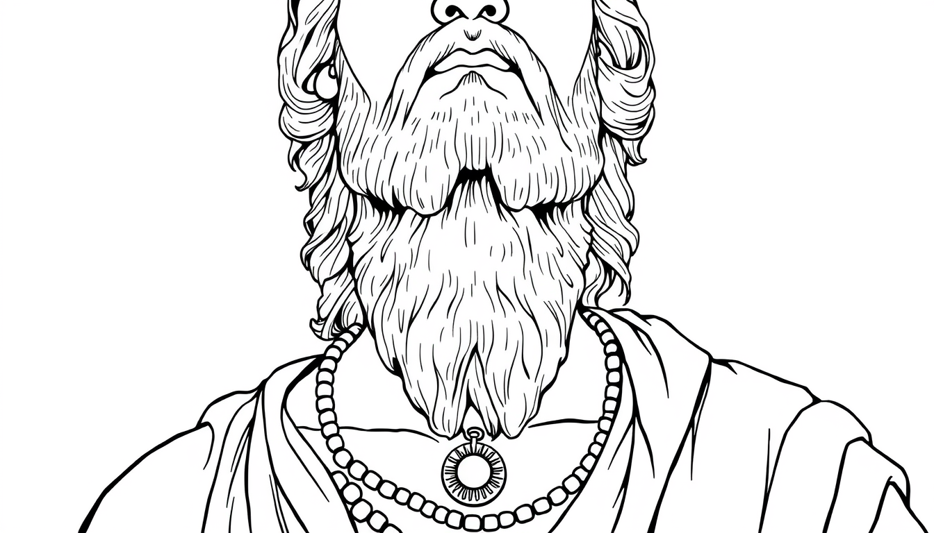 Ancient Greek poet with a small medallion of the sun on the neck, black and white drawing, Mk One Line Art, high quality, a work of art. - Image