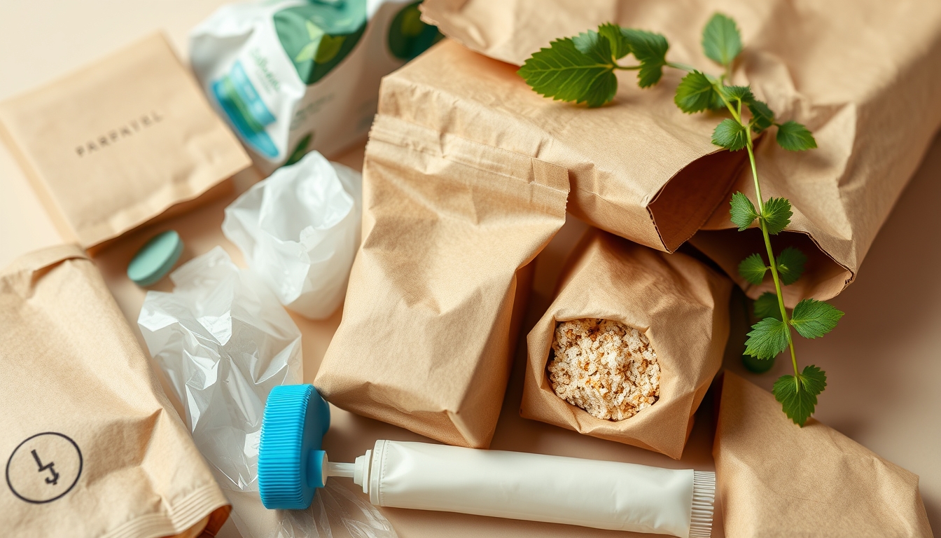 A detailed close-up of sustainable packaging materials, including cardboard, paper, and biodegradable plastics, arranged aesthetically on a neutral background.