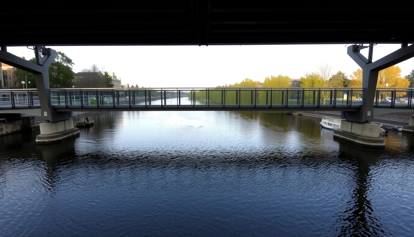 A serene river scene with a glass-bottomed bridge crossing over it.