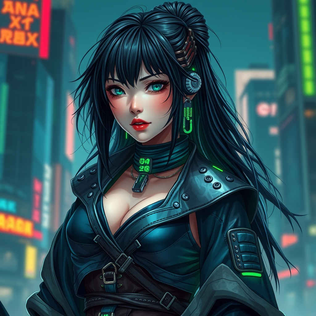 Cyber Samurai style of women warrior with rugged black hair and cybernetic implants | merging leather garments with futuristic cyberpunk elements | flowing robes and high-tech armor plating | dystopian cityscape background | in deep blue and neon green. hyper-real , 8k , AR , cute face style.