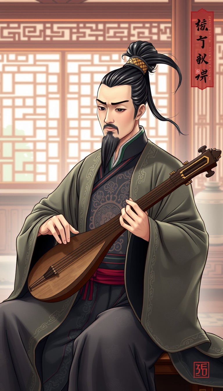 Illustration of an ancient Chinese musician named Gong Mingyi, wearing traditional Chinese robes with intricate patterns, playing a qin at home. His expression is focused and serene, with long flowing hair tied up in a traditional bun, elegant furnishings in the background. (traditional Chinese art)