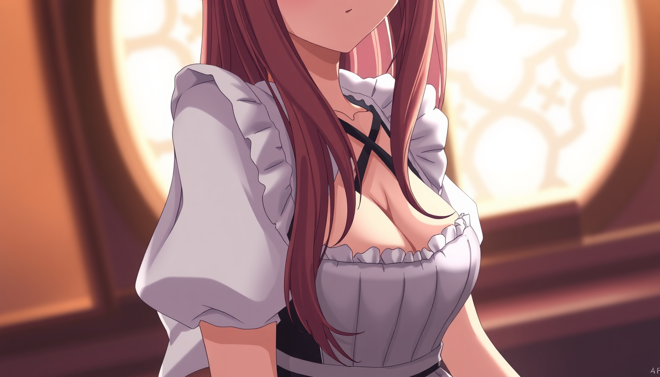 Anime art of a motherly Orihime, close-up, maid dress, cleavage, long hair, natural reflective, detailed body, standing, wallpaper anime background, stunning details, anime artwork, illustration quality, wallpaper engine, 4k.