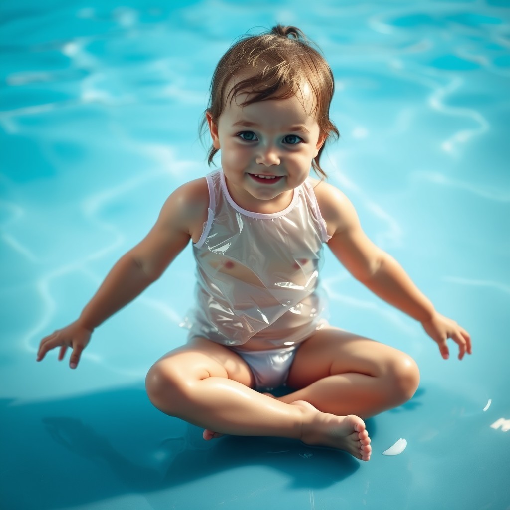 cute little girl with wet oily skin in a clear plastic swimsuit sitting with her legs spread