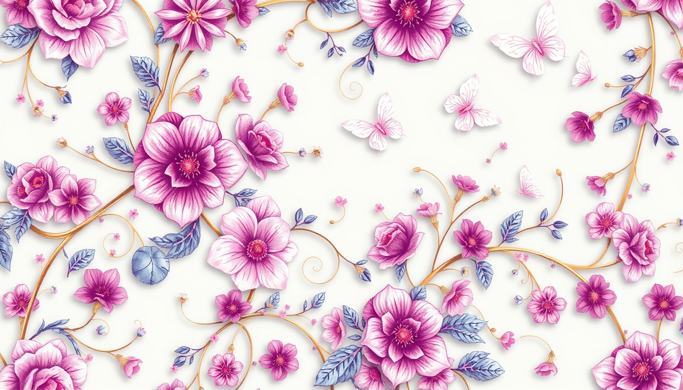 A stunning bookmark design featuring an intricate pattern of blooming flowers and vines in vibrant hues of purple, pink, and blue, intertwining with delicate golden threads. Soft pastel butterflies flutter in the background, adding a touch of whimsy to the design. The overall aesthetic is romantic and dreamy, perfect for enhancing the reading experience.