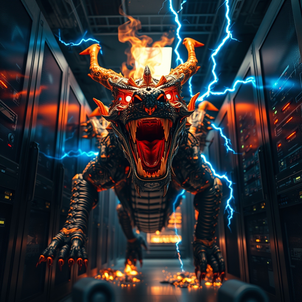 EnhanceImage, fire element, mad-lgthng, highly detailed, high quality, limited color palette, cinematic shot viewed from below, dramatic lighting, rich shadows and bright highlights, server room setting, facing camera mechanical dragon made of circuit boards and electrical parts, roaring with mouth open, crawling out of a computer, smashing GPUs, electrical wires connect it to computer banks, glowing eyes and glowing electricity, blue electrical fire, lightning arcing out of broken computers, mad-embr falling from ceiling. - Image