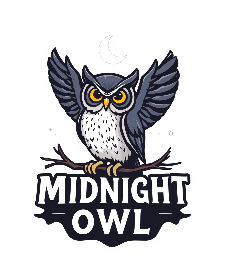 a logo of a cool owl landing on the words MIDNIGHT OWL