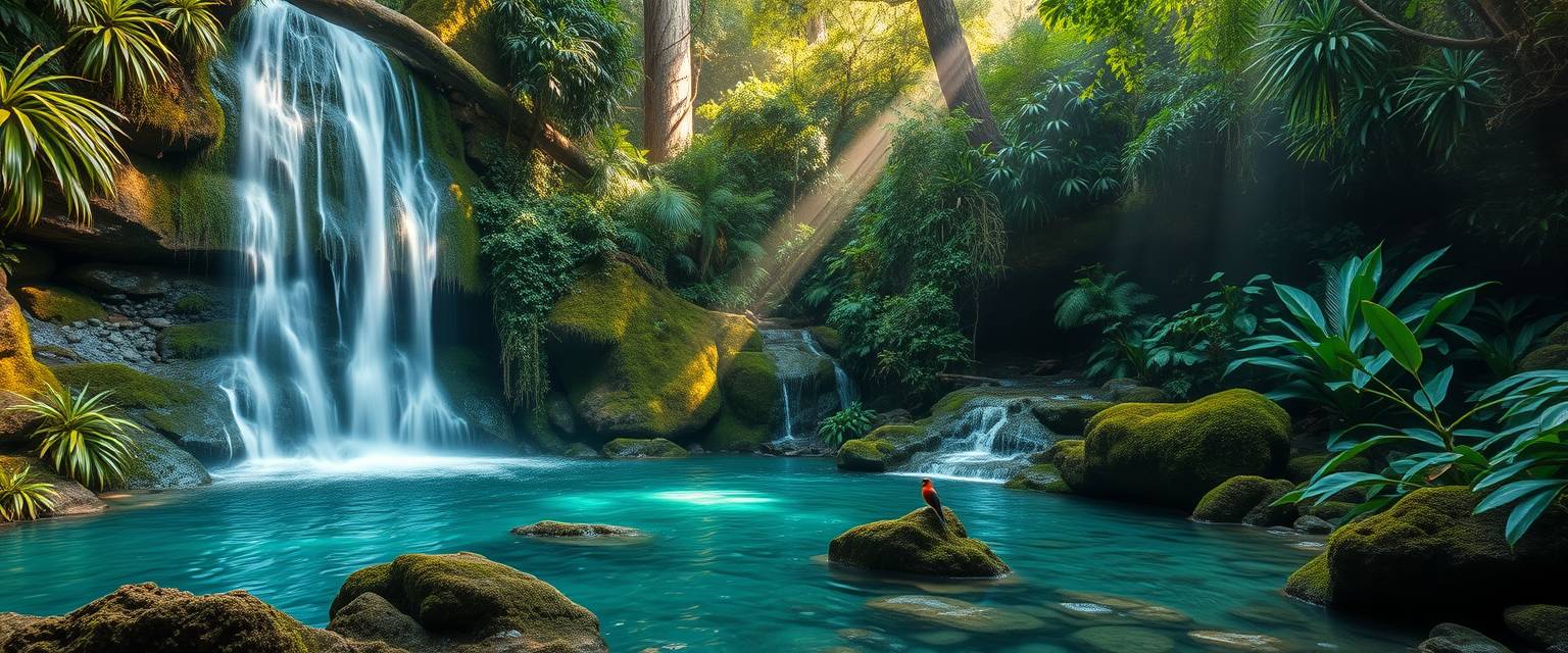 rfall, cascading, clear water, lush greenery, high quality, photorealistic, hidden oasis, serene, rainforest, breathtaking, secluded::0.8 moss-covered rocks, colorful birds, tropical plants, natural pools, jungle trails, mist, rays of sunlight