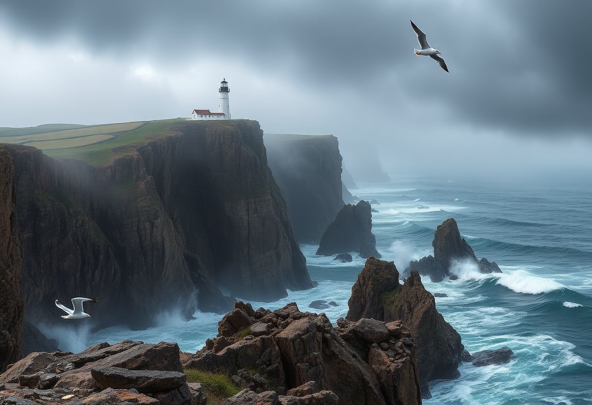 Dramatic, rocky cliffs, crashing waves, rugged, coastal, high quality, seagulls, lighthouse, stormy, wild, panoramic, breathtaking, photorealistic::1.5 sailboats, dramatic skies, mist, fog, coastal caves, hidden coves, tidal pools, mysterious - Image