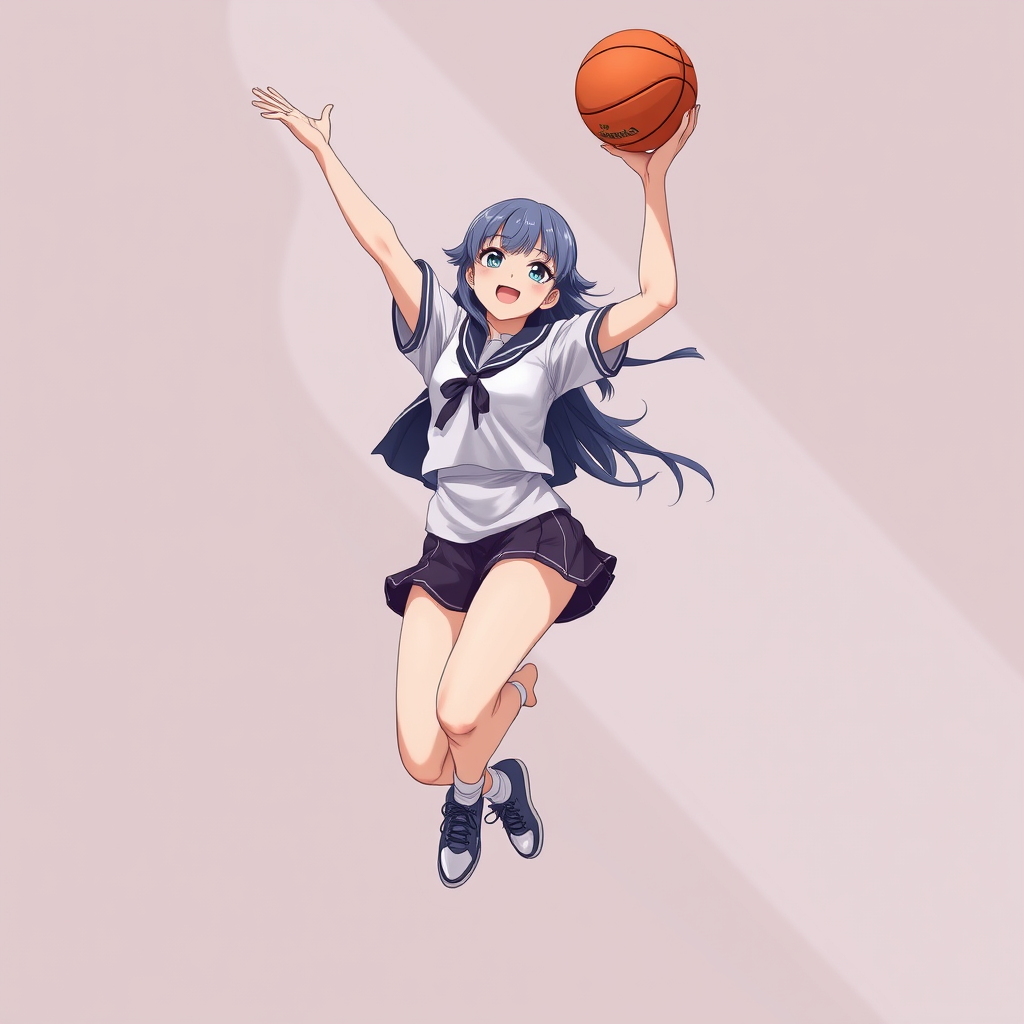 Pop art, realistic anime illustration of a motherly woman, hairstyle, school uniform, natural reflective, detailed body, basketball jump pose, anime illustration, illustration quality, realistic shadows,