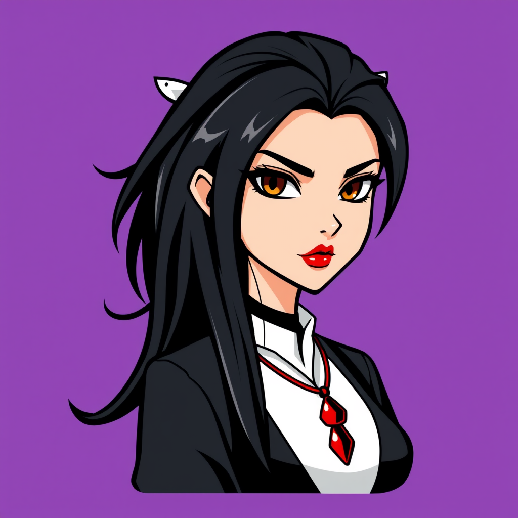 A basic simple vector logo of a beautiful female character with hazel brown eyes, long, dark black hair, wearing a black and white outfit with a red pendant necklace, and serious face with red lipstick, on a purple background.