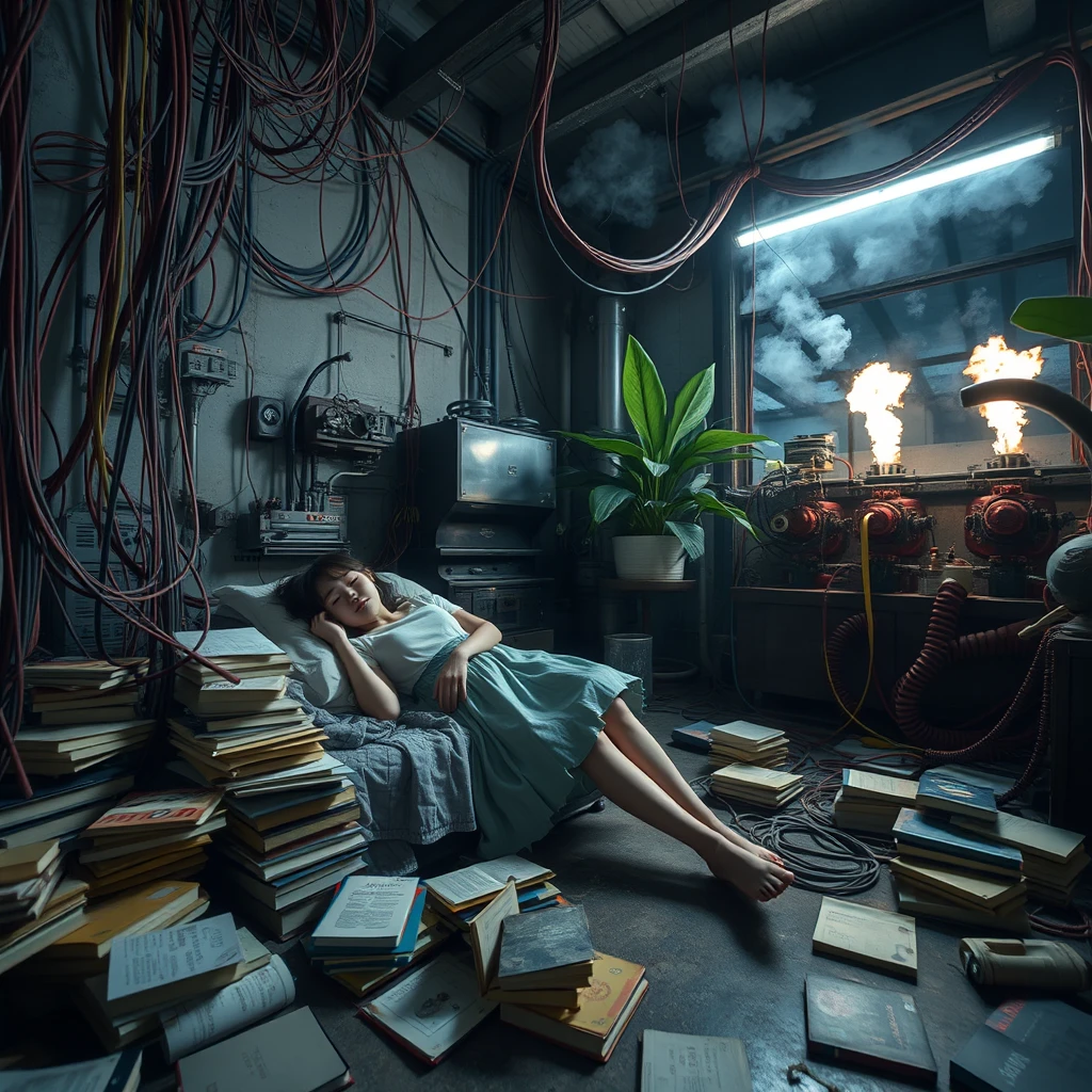 A real-life photograph, wide shot, of a Japanese female student in a skirt sleeping in the corner of a room. The room has some books scattered messily, and many wires of varying thicknesses are on the floor and in the air, including red, blue, yellow, and other colors. Additionally, there are some huge old machines emitting steam and fire. At night, the lighting is dim, and there are some huge plants. - Image