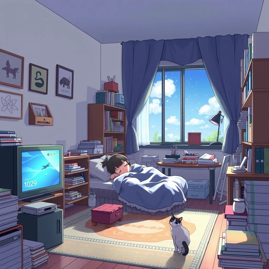 "The style of Makoto Shinkai, Quality: 100, a little girl sleeping in a room with a window, a TV, lots of furniture, many books, and a small cat."