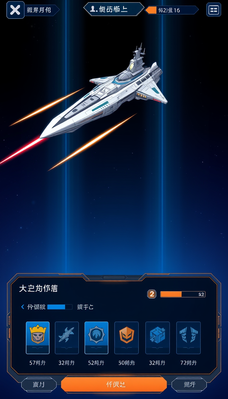 "Space battleship game, an illustration with a spaceship at the top and a UI for upgrading the battleship at the bottom, translucent UI, the space battleship is also visible, 정." - Image