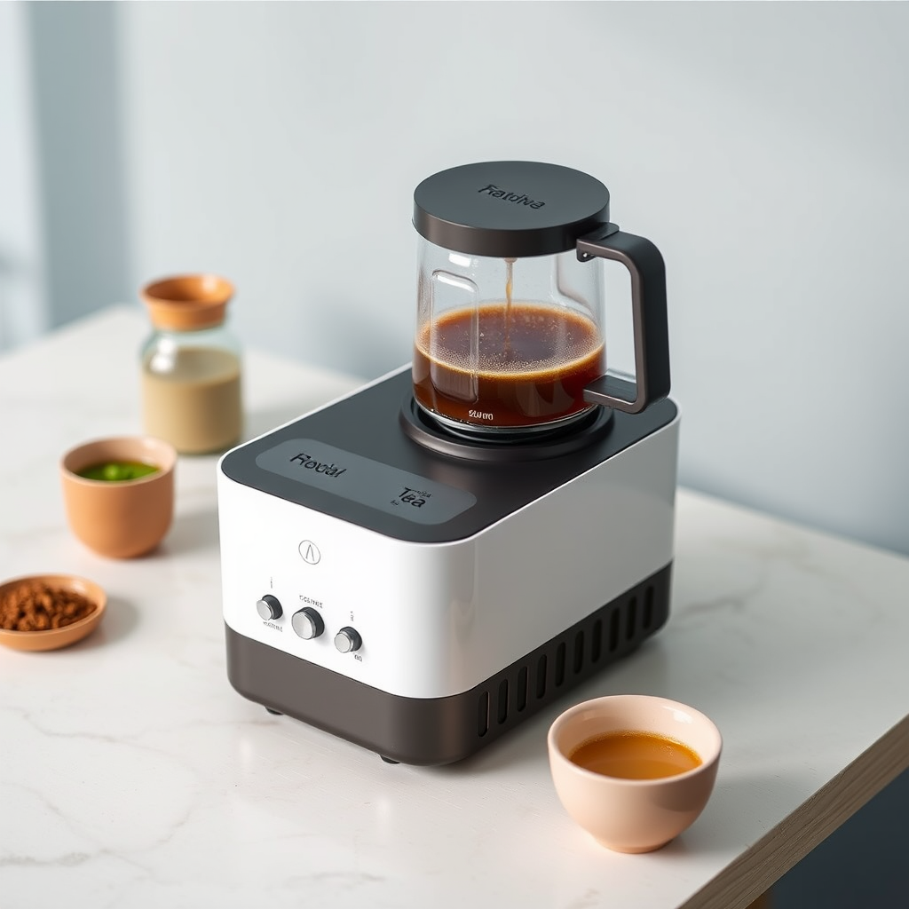 The sleek and smart-looking tabletop is a portable, personalized Indian-style tea-making machine with controls for customizing masala flavor and milk proportions, boiling to perfection, making the whole process visible with see-through styling. - Image