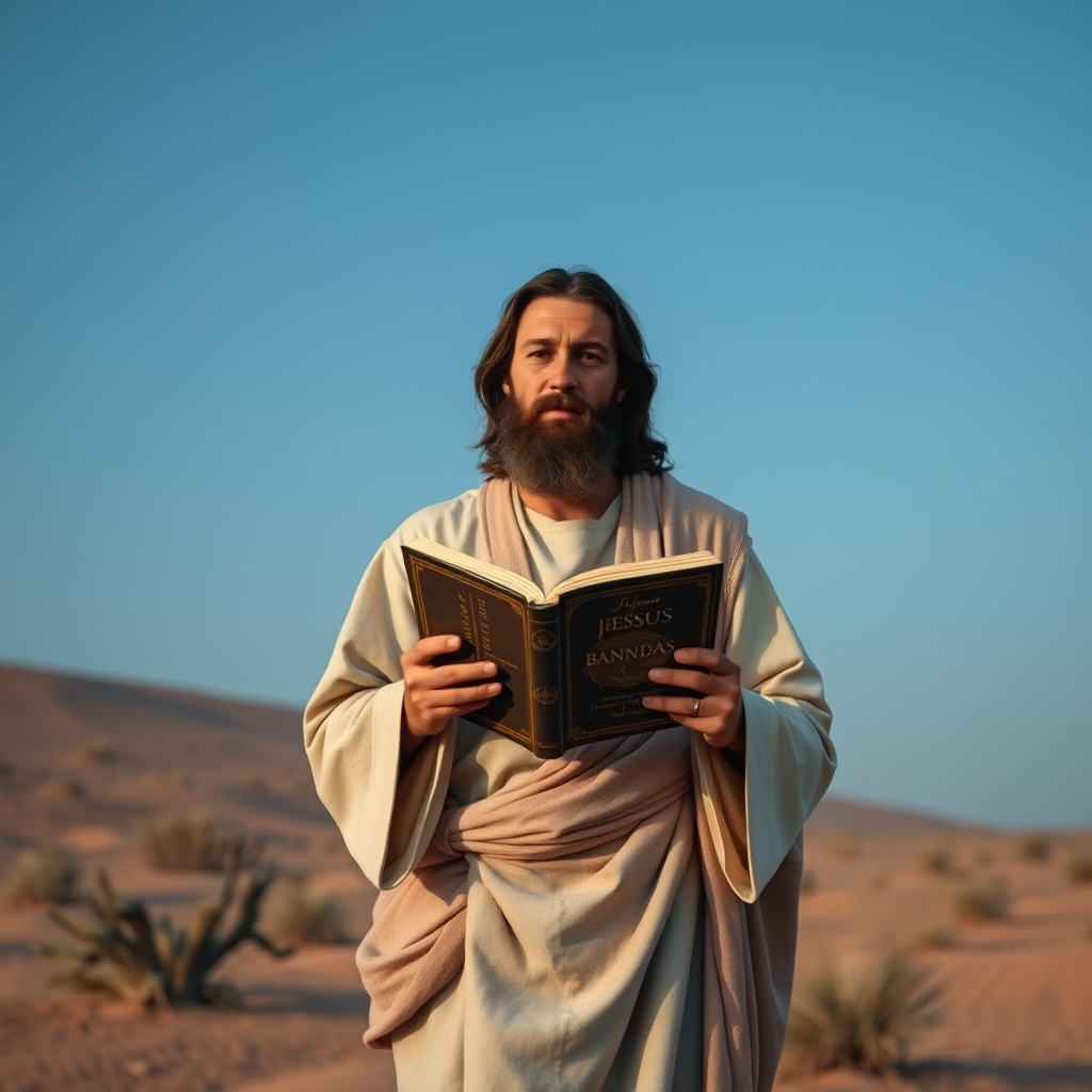 8K, Jesus Holding A Book Named Barnabas, In Desert, Sky Blue, No Clues - Image