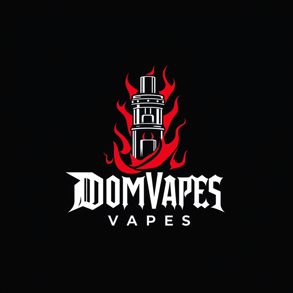 Sleek, minimalist logo for DoomVapes featuring a stylized vape tank engulfed in ethereal, crimson flames. Infernal typography with sharp, angular serifs. Monochromatic color scheme: deep black and blood red. Balanced composition with negative space suggesting smoke tendrils. Evokes a sense of rebellious, edgy sophistication.