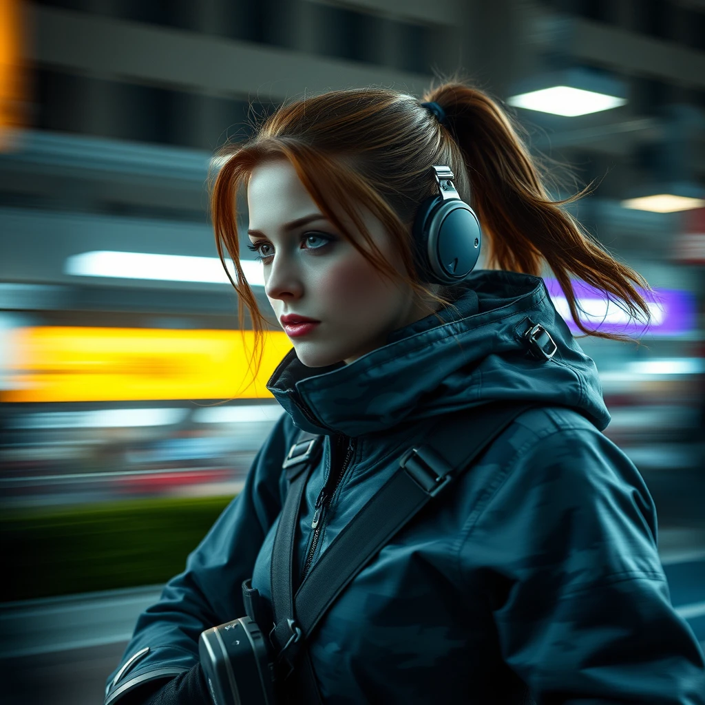 A Russian woman, (Japanese tech wear: 1.4), styled by Rick Remender, motion blur, action.