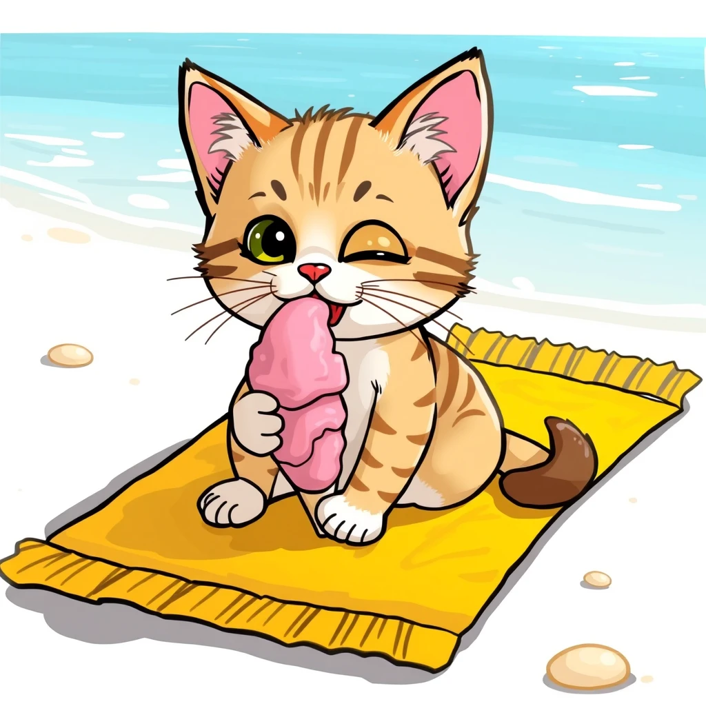 "Draw a cute cat eating pink ice cream on a yellow mat at the beach. Realistic image."