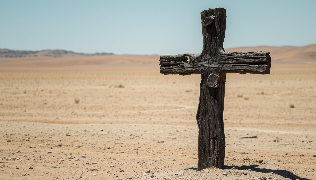 An old wooden cross in the middle of a barren desert. The cross is standing upright on the right side of the image. The cross is made of badly rotten and crumbly dark wood. The overall scene is desolate.