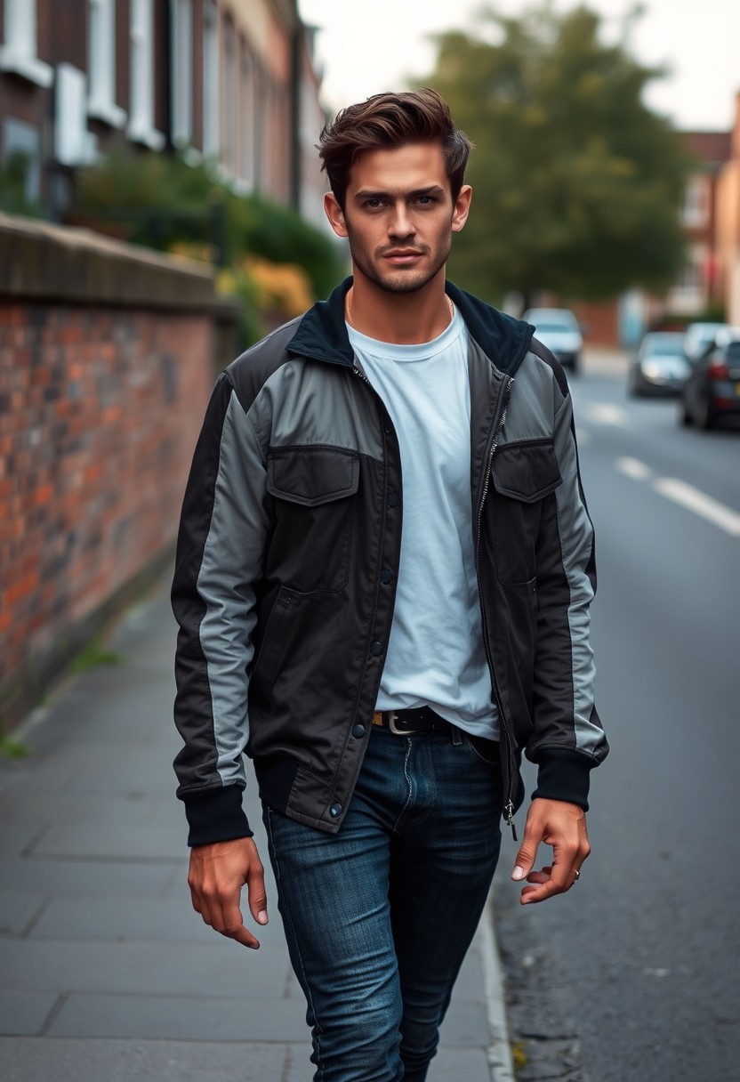 Jamie Dornan head and body shot, handsome, young, serious face, dark brown hair, white T-shirt, collage jacket, skinny jeans, sneakers, walking hot style, flirting facial smile, near town road, hyper-realistic, street photography, brick wall, full body photo.