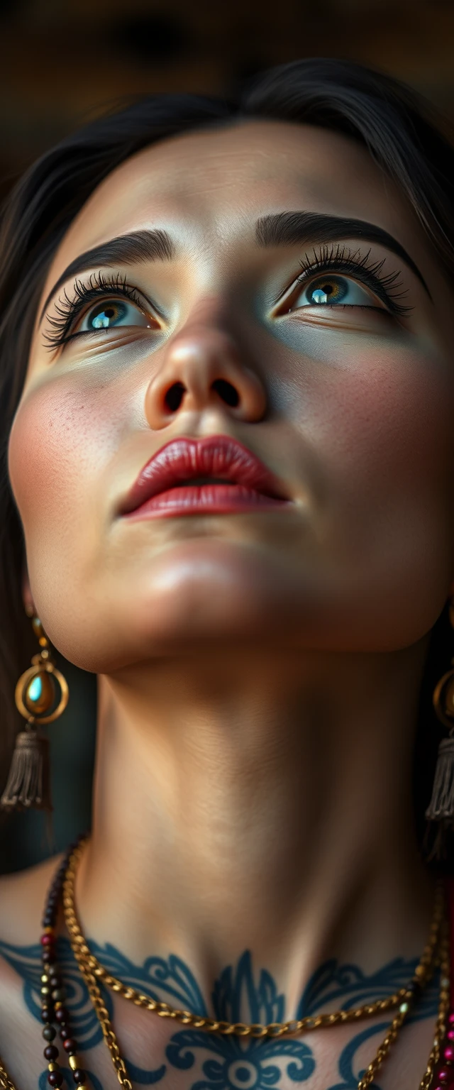 Close-up view of the tattooed neck of a white-skinned Korean Indian woman with beautiful facial features and blue eyes, wearing gold ornaments and looking upwards.