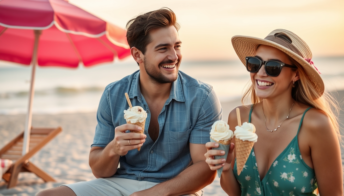 Beachside delight with a young couple and their ice cream.