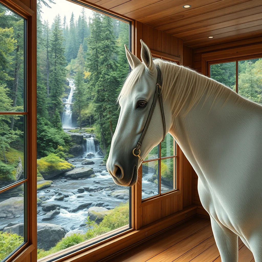 A white horse is in the room, integrated with nature, and outside the window, there are forests, waterfalls, and streams.