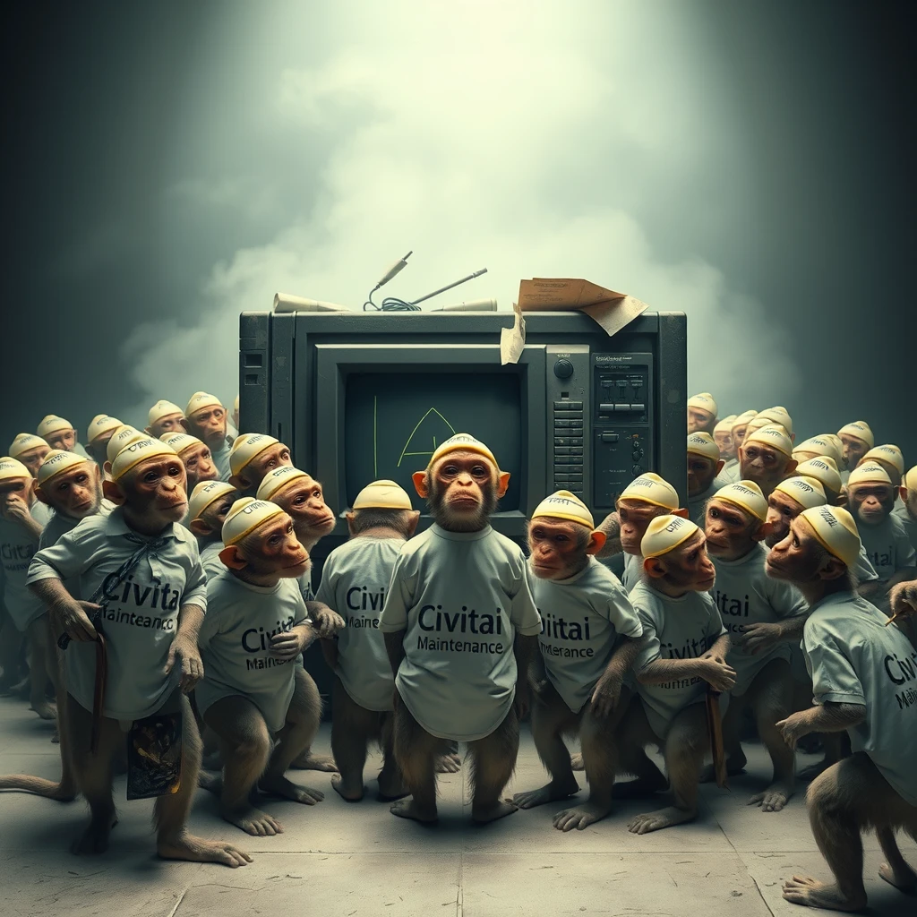 A hundred confused monkeys standing around a large broken computer wearing shirts and hats that say "Civitai Maintenance".