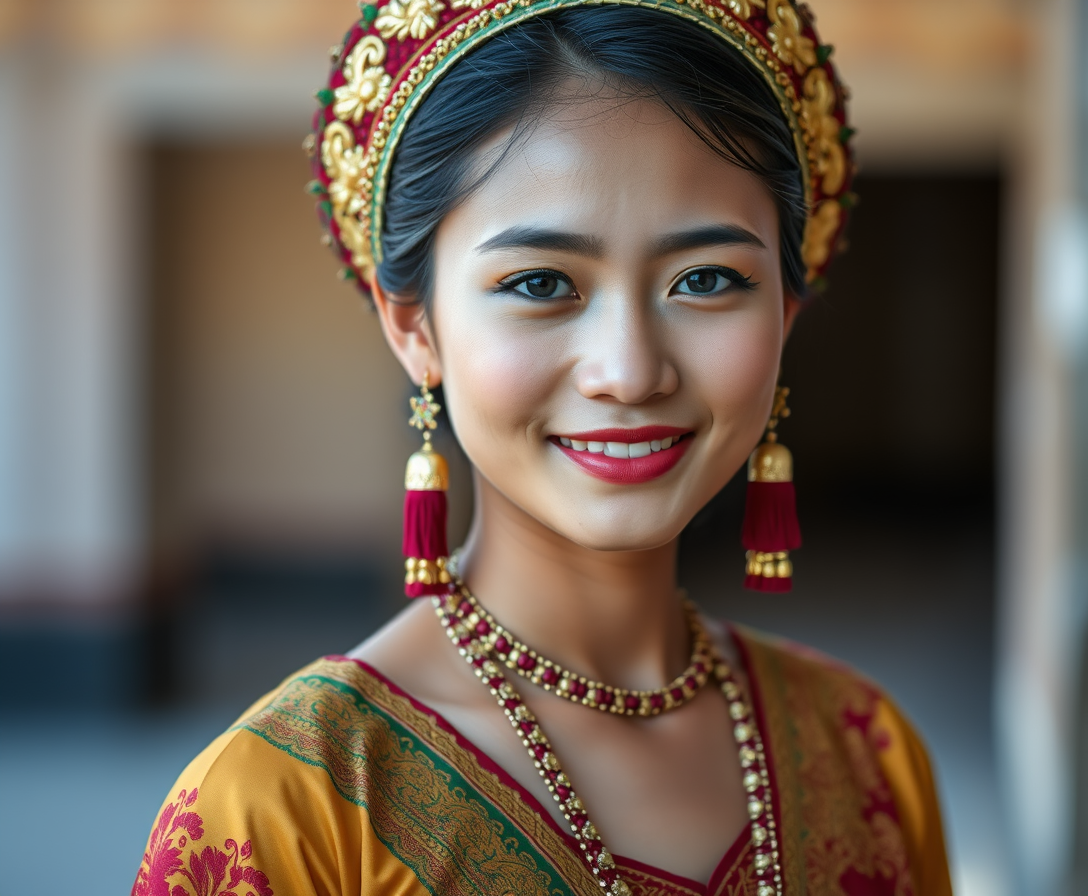 "Very beautiful Indonesian girl from head to stomach wearing traditional attire." - Image