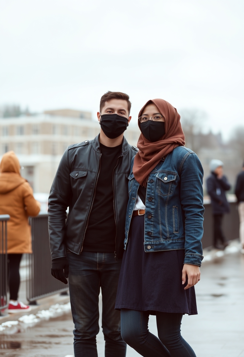 Jamie Dornan, handsome, black face mask, black leather jacket, jeans, dating, love couple with the biggest hijab Muslim girl, beautiful eyes, black face mask, jeans jacket, biggest skirt, red sneakers, winter scenery, realistic, street photography. - Image