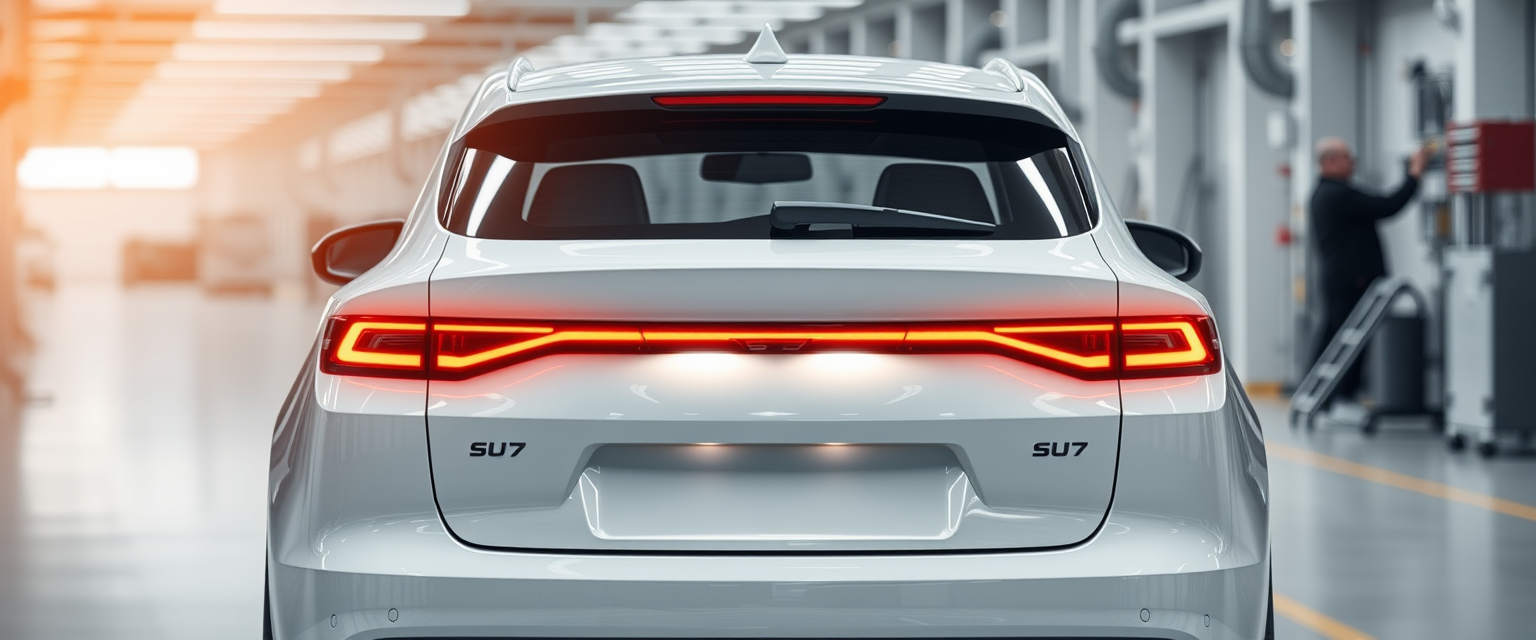 Xiaomi SU7 car in a factory with lights reflecting from the car's rear body. The backlight is turned on, highlighting the car's nice body. - Image