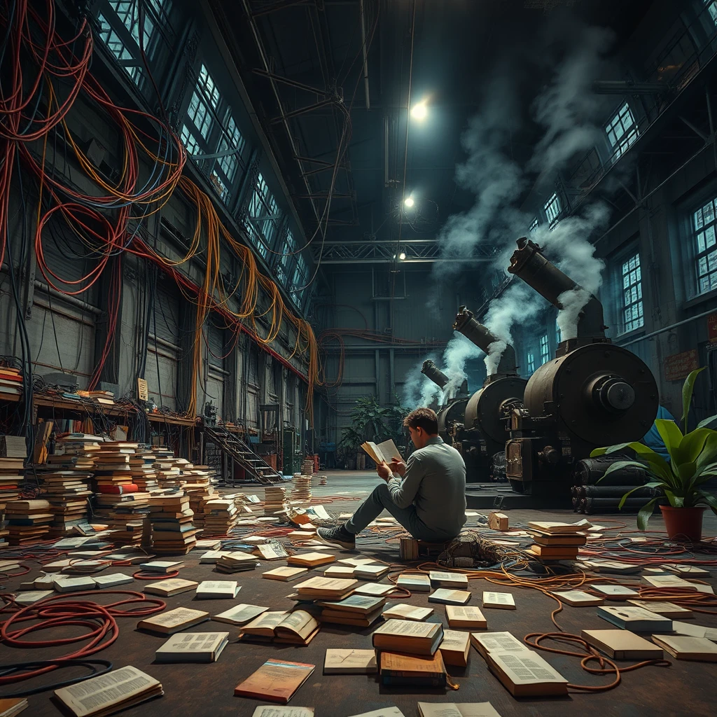 A real-life photograph, wide shot, of someone sitting in the corner of a large hall, reading a book. The hall has some books scattered messily, and many wires of varying thicknesses are on the floor and in the air, including red, blue, yellow, and other colors. Additionally, there are some huge old machines emitting steam. At night, and there are some huge plants.