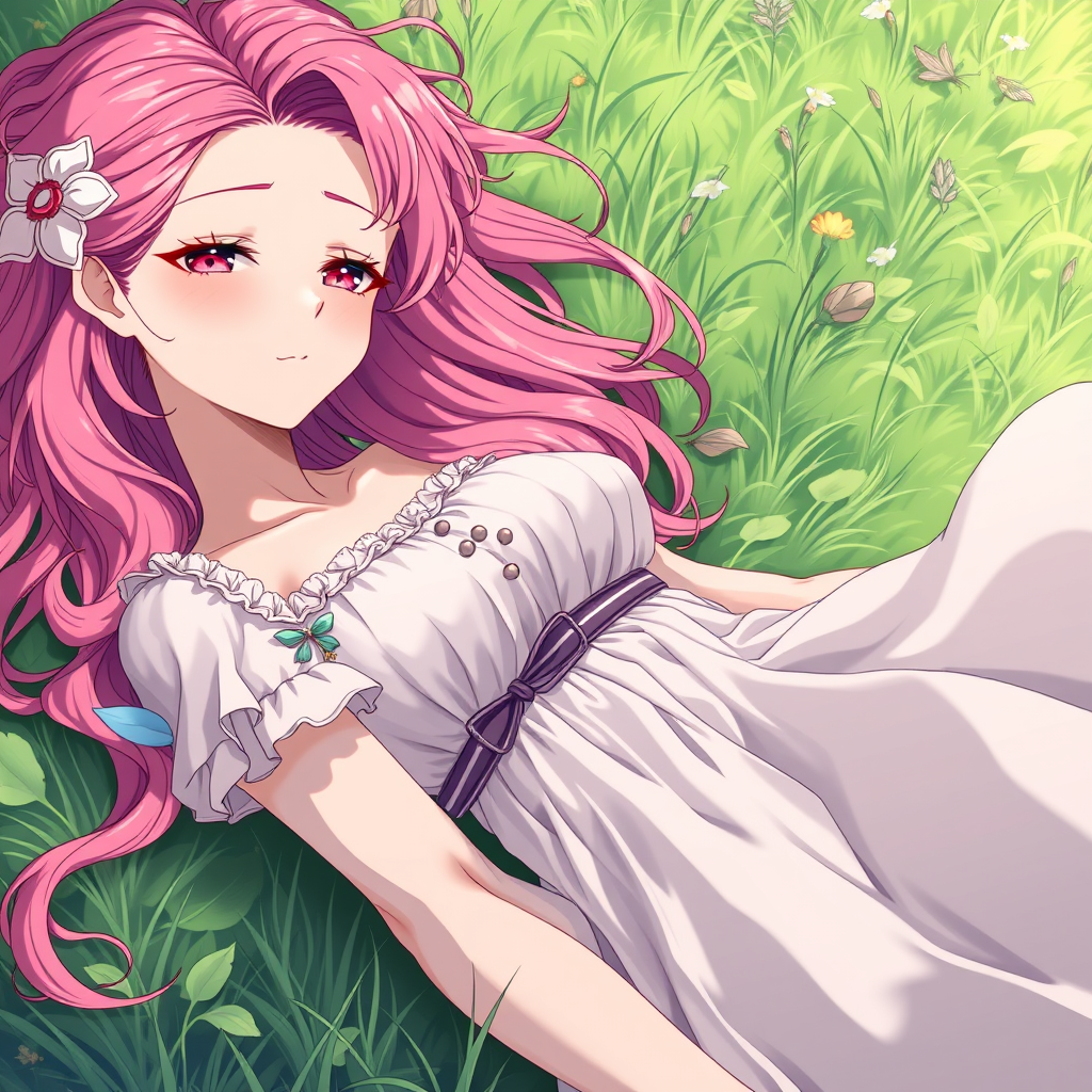 Anime art of a motherly woman, pink hair, frilly dress, detailed scene, stunning details, trending on ArtStation, laying on the grass, anime artwork, anime cel shading