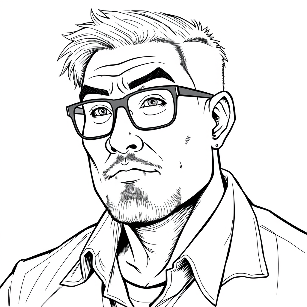 A cool line-drawing of a man around 35 years old, with short hair, a strong build, Chinese, wearing framed glasses for myopia, a slightly short beard on the chin, and a shirt. He has a somewhat rogue temperament, and his face has defined lines and is full.