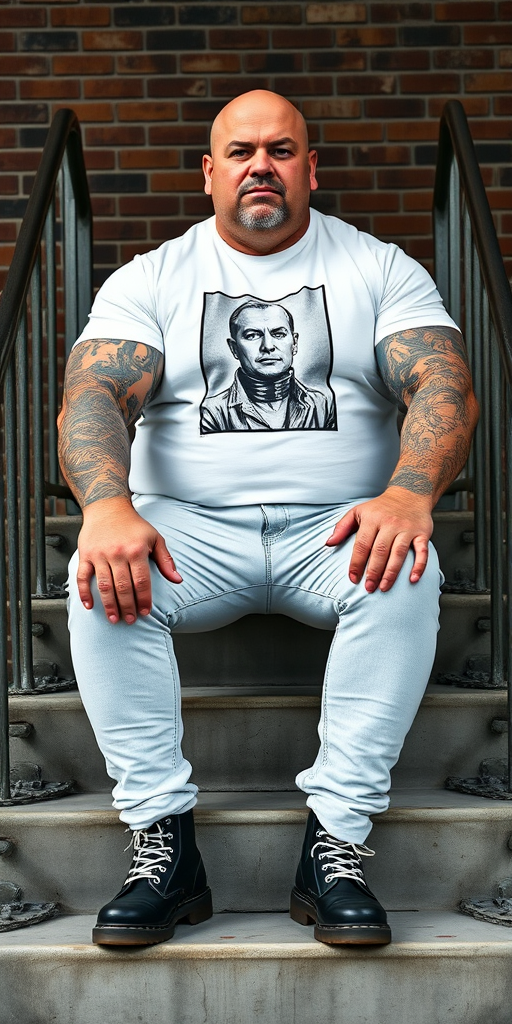 Prompt: a portrait-style photograph featuring a very large 50-year-old muscular, beefy, stocky male skinhead sitting on a set of concrete stairs. He has a bald head, light skin, and is wearing a white t-shirt with a black and white graphic print of a person on it. His huge muscular arms are heavily tattooed with intricate designs. He is also wearing tight bleached denim trousers that highlight his huge, muscular legs and black knee-high Dr. Martens boots with white laces. The background consists of a brick wall and metal handrails on either side of the stairs. The overall setting appears to be industrial.