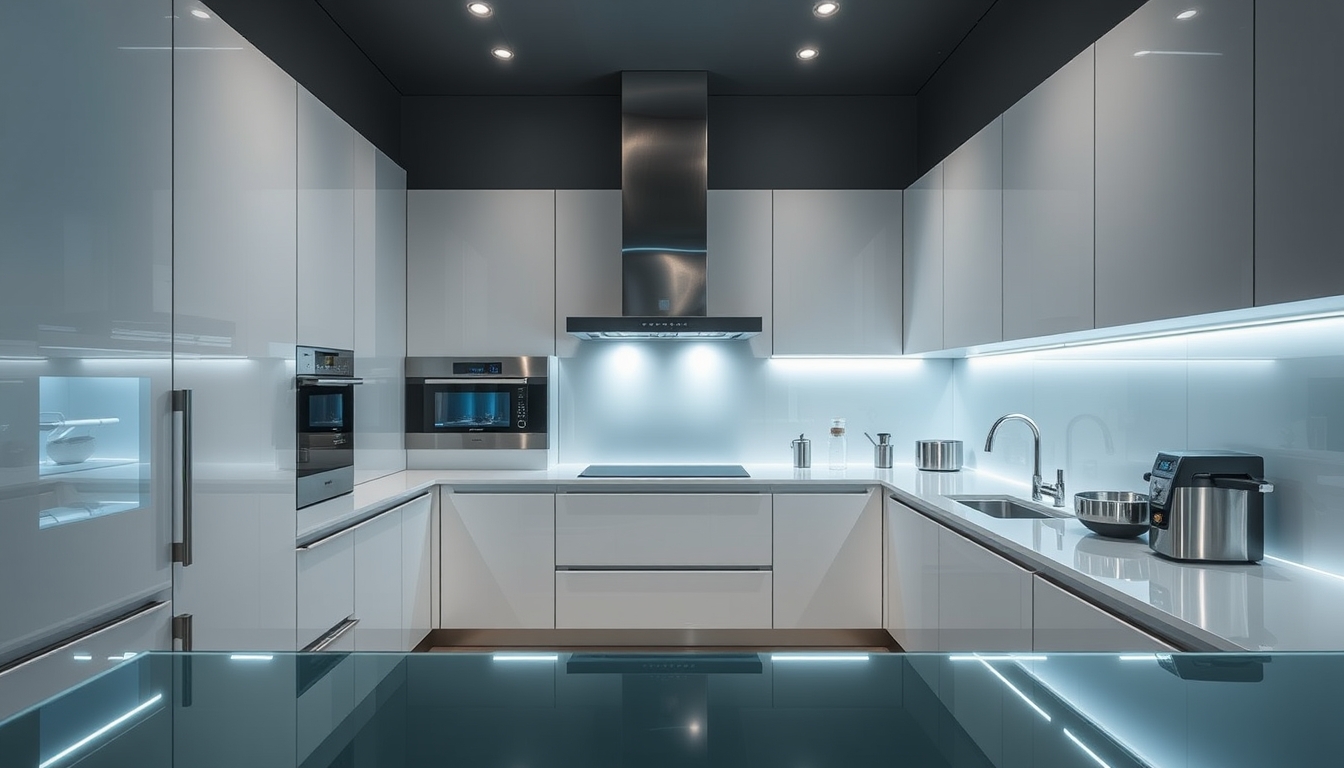 A sleek, modern kitchen with glass countertops and futuristic appliances.