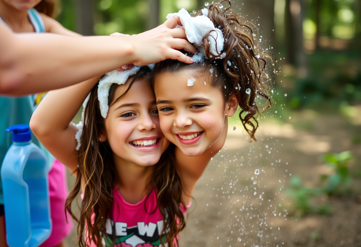 A bratty girl at summer camp playfully helps her best friend shampoo her hair. - Image