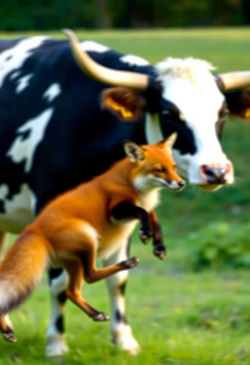 Blurry photo of a cow holding a fox, screenshot, low quality, 480p. - Image