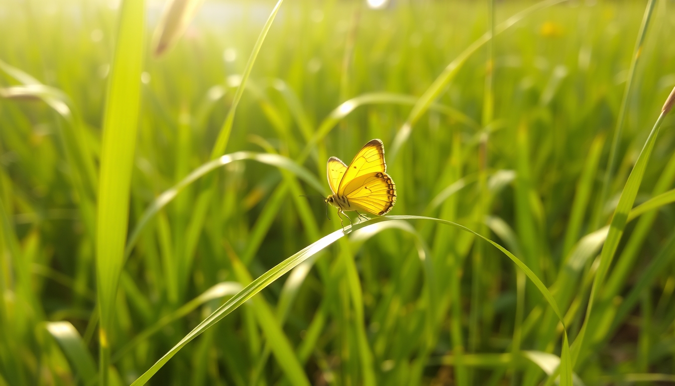 A beautiful yellow butterfly perched on a blade of grass in a field, with soft sunlight shining through the foliage.