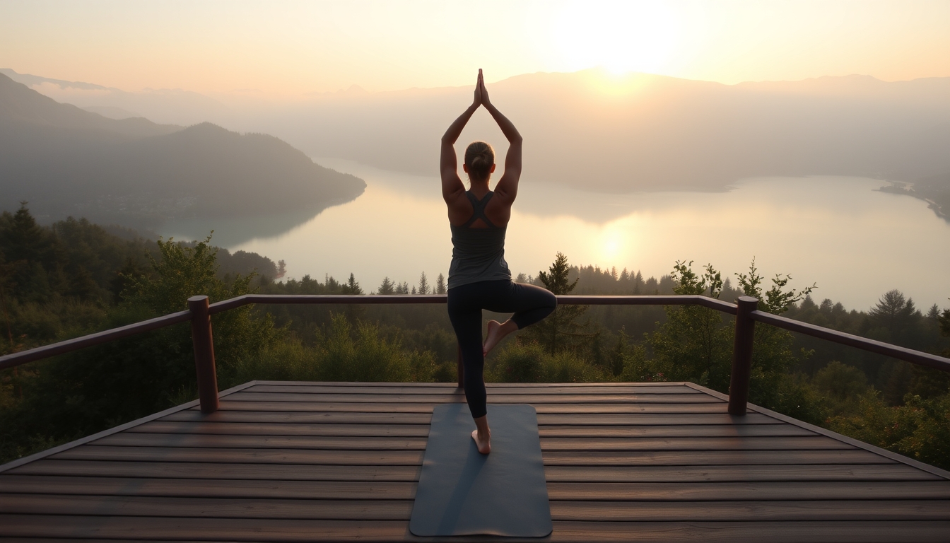 A serene landscape featuring a yoga practitioner on a wooden deck overlooking a tranquil lake, surrounded by misty mountains at sunrise.