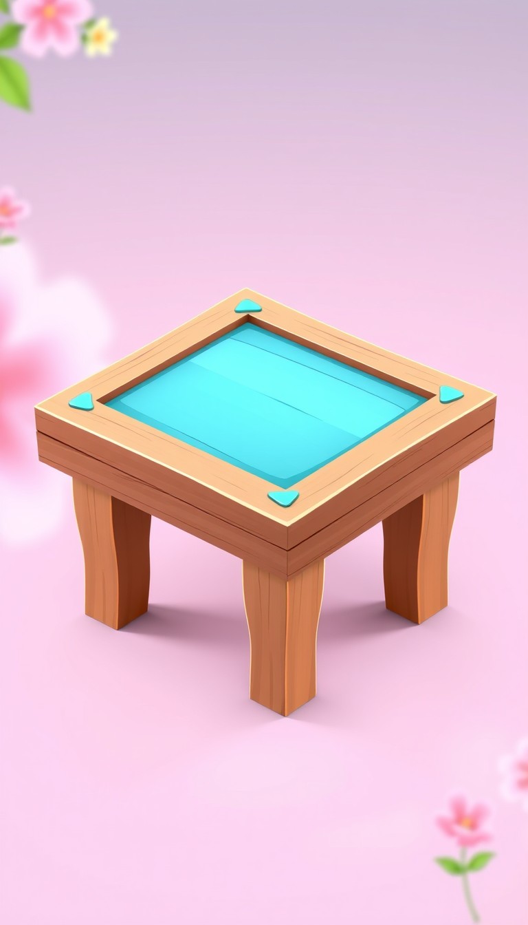 Digital illustration of a 3D table made of wood. It is a square table with legs, the top has a multicolor border and the middle part is aqua blue. The background is beautiful and matches the table design; the overall mood is playful, suitable for a kid-friendly game. - Image