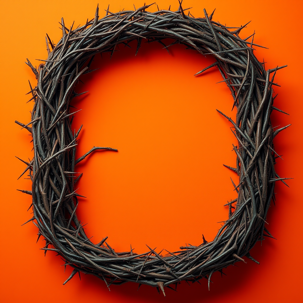 A big letter "E" made of thorns on an orange background, realistic photograph. - Image