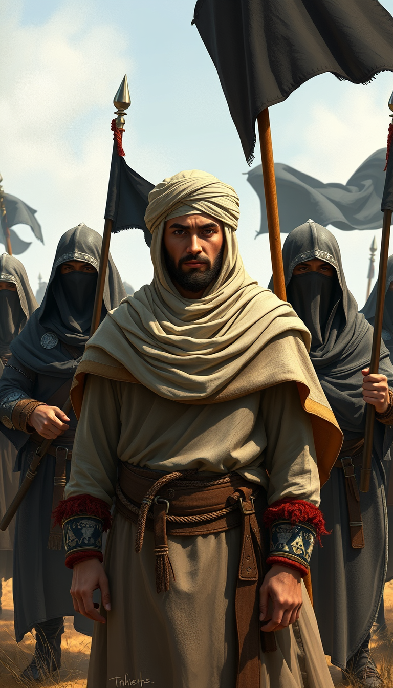 Photoshop manipulation artwork of a young Muslim commander wearing modest biblical cloak and turban attire, standing behind great Muslim warriors with a leader's expression. The medieval Muslim warriors are wearing veils, holding black banners, and guarding him in an open land. Soft shading, 2D style textures, airbrush shader.